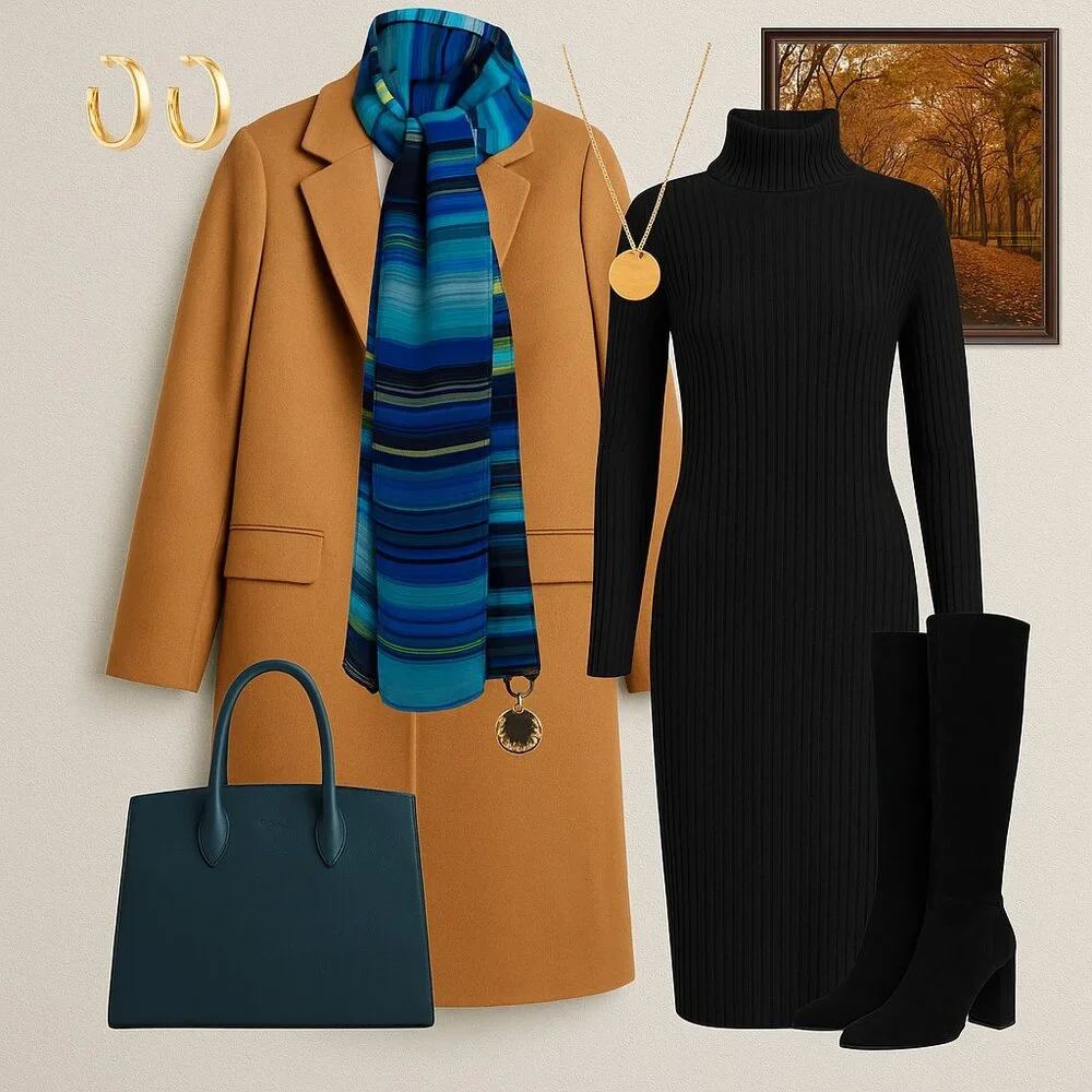 Calvin Klein Striped Scarf – Luxe Jewel-Toned Blues & Black
